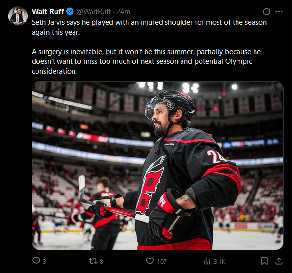[Ruff] Jarvis says he played with an injured shoulder for most of the season again. A surgery is inevitable but won't be this summer.
