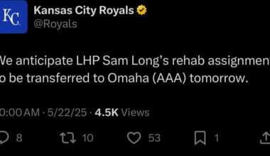 [Royals] “ We anticipate LHP Sam Long’s rehab assignment to be transferred to Omaha (AAA) tomorrow.”