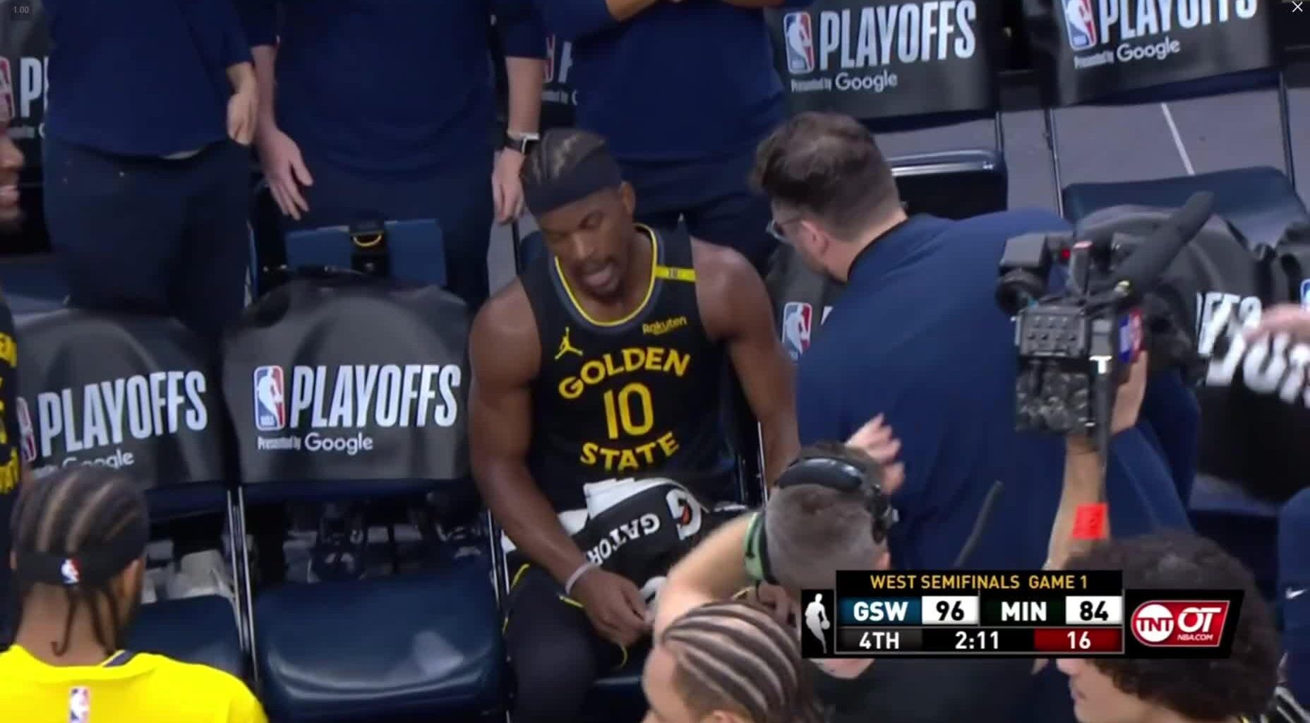 Jimmy Butler tells Warriors staffer "I can't hear. I'm extremely tired guys" during a timeout (via TNT OT)