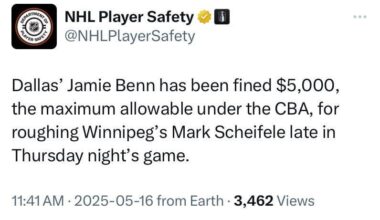 Jamie Benn has been fined $5k for punching Mark Schiefele