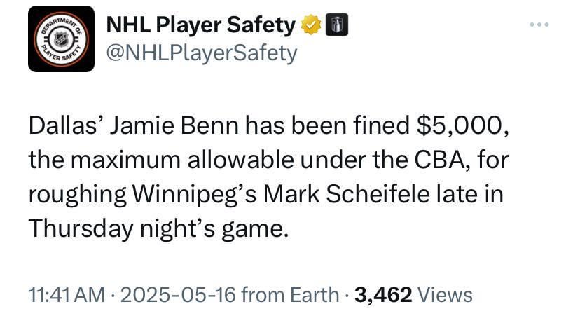 Jamie Benn has been fined $5k for punching Mark Schiefele