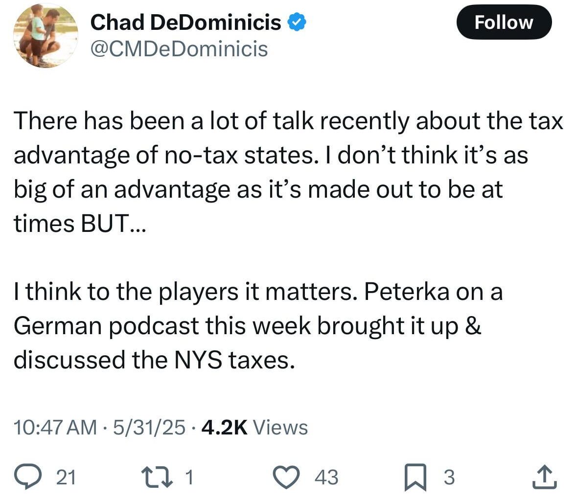[DeDominicis] There has been a lot of talk recently about the tax advantage of no-tax states. I don’t think it’s as big of an advantage as it’s made out to be at times BUT… I think to the players it matters. Peterka on a German podcast this week brought it up & discussed the NYS taxes.