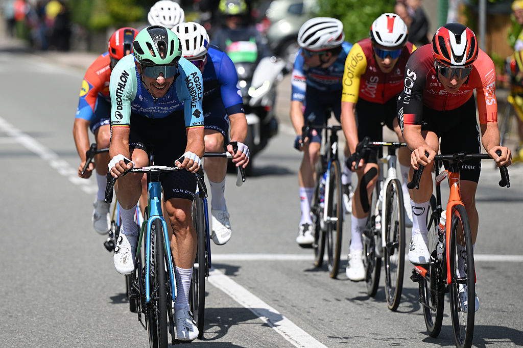 SESTRIERE VIALATTEA ITALY MAY 31 LR Dries De Bondt of Belgium and Team Decathlon AG2R La Mondiale and Kim Heiduk of Germany and Team INEOS Grenadiers compete in the breakaway during the 108th Giro dItalia 2025 Stage 20 a 2053km stage from Verres to Sestriere Vialattea 2036m UCIWT on May 31 2025 in Sestriere Vialattea Italy Photo by Dario BelingheriGetty Images