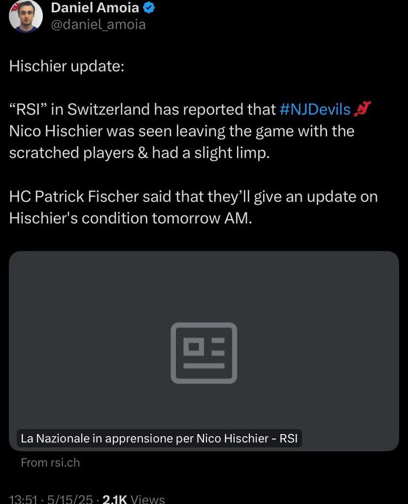 Nico Hischier Injury Update