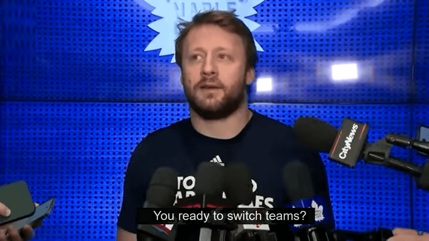 The first question the Toronto media ask Morgan Rielly on locker room clean out day...