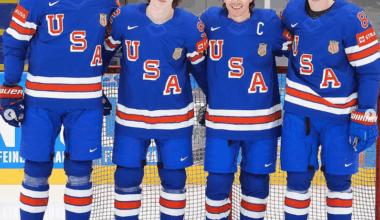 Kesselring, Cooley, Keller, and Doan in IIHF gear