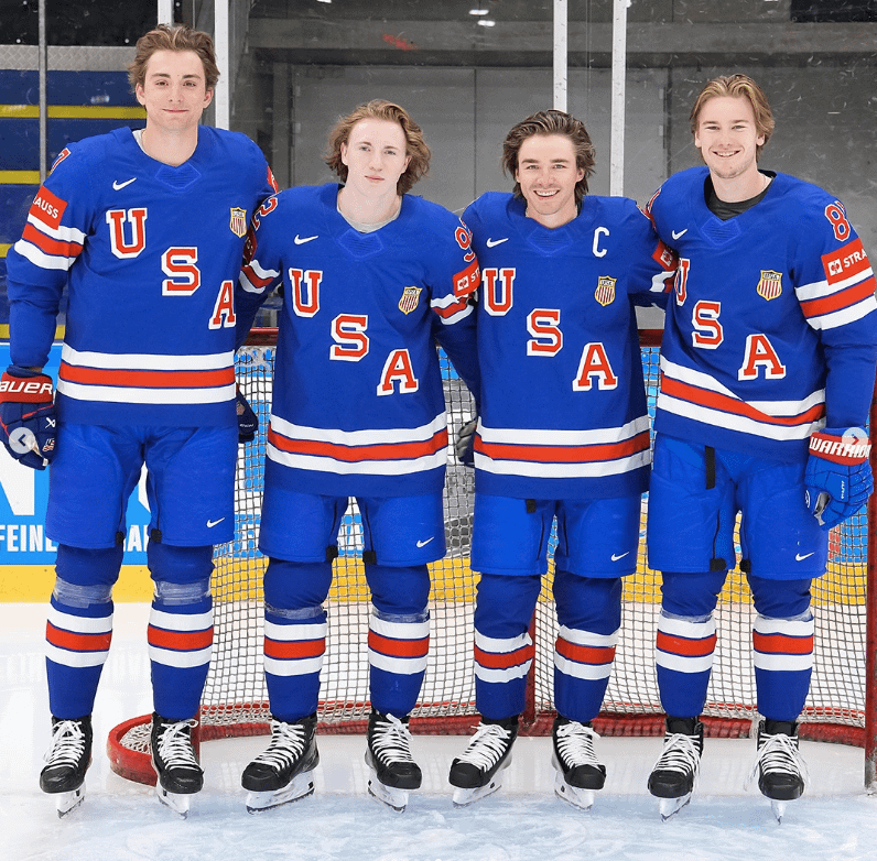Kesselring, Cooley, Keller, and Doan in IIHF gear