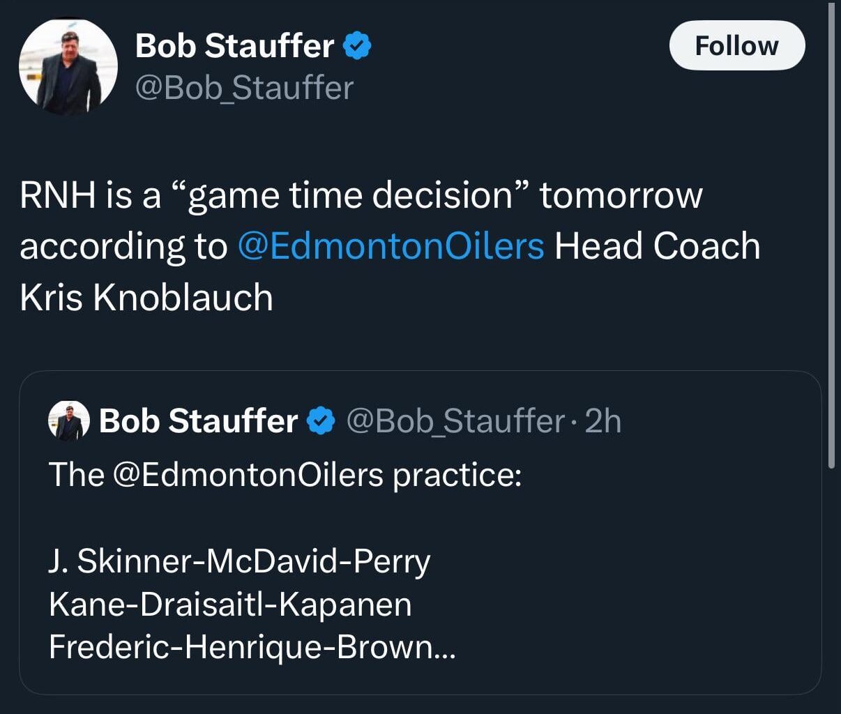 via @Bob_Stauffer on Twitter. RNH game time decision for Game 3.