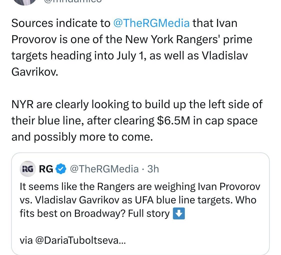 [D’Amico] Sources indicate to RG Media that Ivan Provorov is one of the New York Rangers’ prime targets heading into July 1, as well as as well as Vladislav Gavrikov.