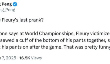 [Peng] Porter Martone says at World Championships, Fleury victimized Adam Fantilli: "He sewed a cuff of the bottom of his pants together, so he couldn't put his pants on after the game. That was pretty funny."