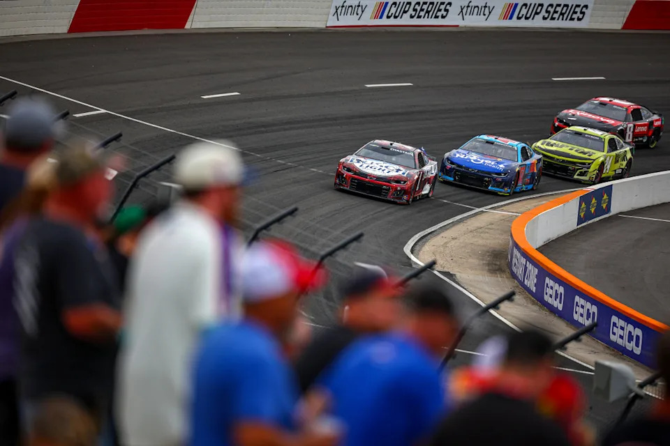 NORTH WILKESBORO, NORTH CAROLINA - MAY 17: Ross Chastain, driver of the #1 Busch Light Flannel Chevrolet, Ricky Stenhouse Jr., driver of the #47 Kroger Health/Icy Hot Chevrolet, William Byron, driver of the #24 RaptorTough.com Chevrolet, and Kyle Busch, driver of the #8 Lenovo Chevrolet, drive during practice for the NASCAR Cup Series All-Star Race at North Wilkesboro Speedway on May 17, 2024 in North Wilkesboro, North Carolina. (Photo by Jared C. Tilton/Getty Images)Jared C&period; Tilton&sol;Getty Images