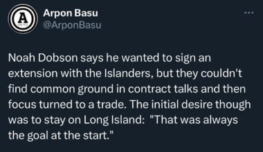 [Basu] Noah Dobson says he wanted to sign an extension with the Islanders, but they couldn't find common ground in contract talks and then focus turned to a trade. The initial desire though was to stay on Long Island:  "That was always the goal at the start."