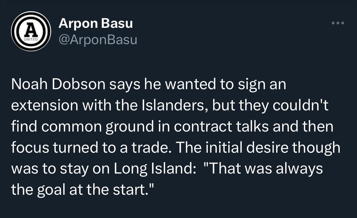 [Basu] Noah Dobson says he wanted to sign an extension with the Islanders, but they couldn't find common ground in contract talks and then focus turned to a trade. The initial desire though was to stay on Long Island:  "That was always the goal at the start."