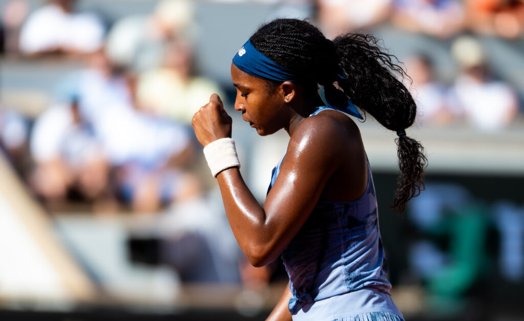 Coco Gauff celebrates during her win over Marie Bouzkova at the 2025 French Open