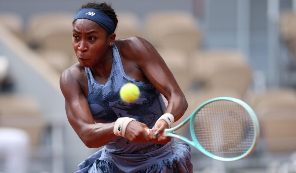 Coco Gauff hits a backhand against Marie Bouzkova at the 2025 French Open