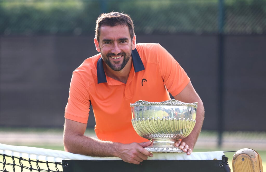 Marin Cilic posing with the trophy after winning the Nottingham Open.