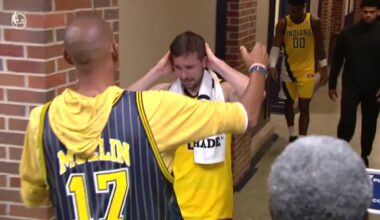 Reggie Miller hugs a crying T.J. McConnell in the tunnel. Left it all out there.