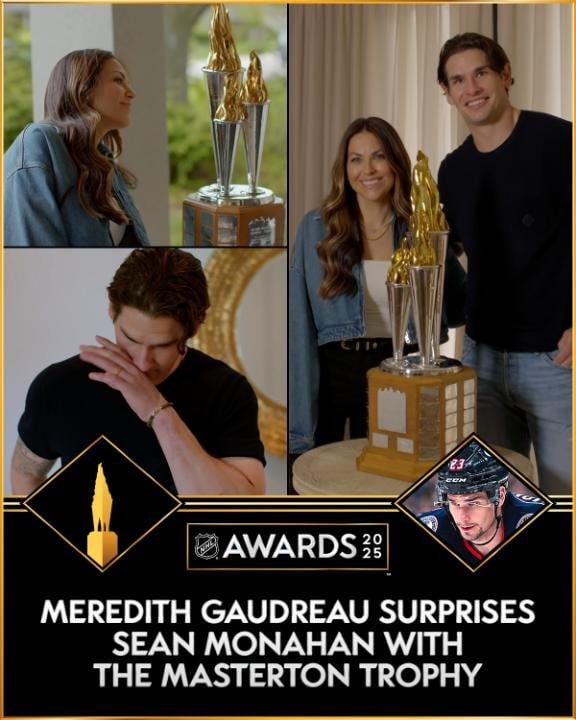 Meredith Gaudreau surprises Sean Monahan with Masterton Trophy