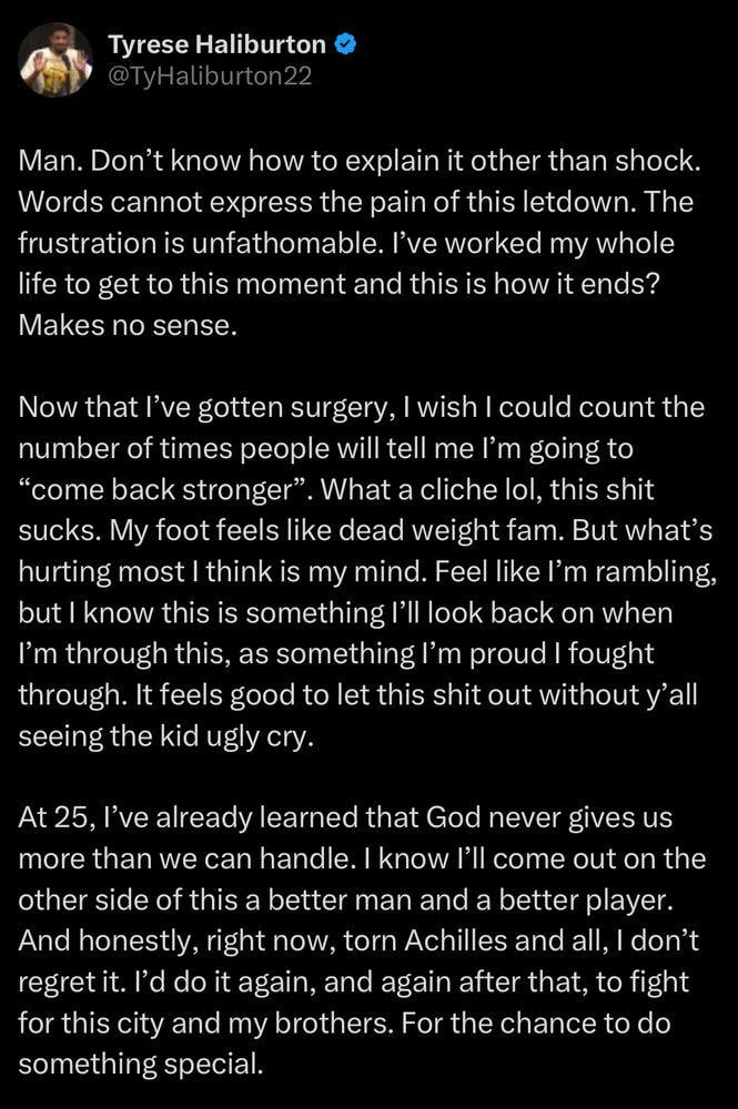 [Kramer] Tyrese Haliburton makes an incredible statement following his surgery today: