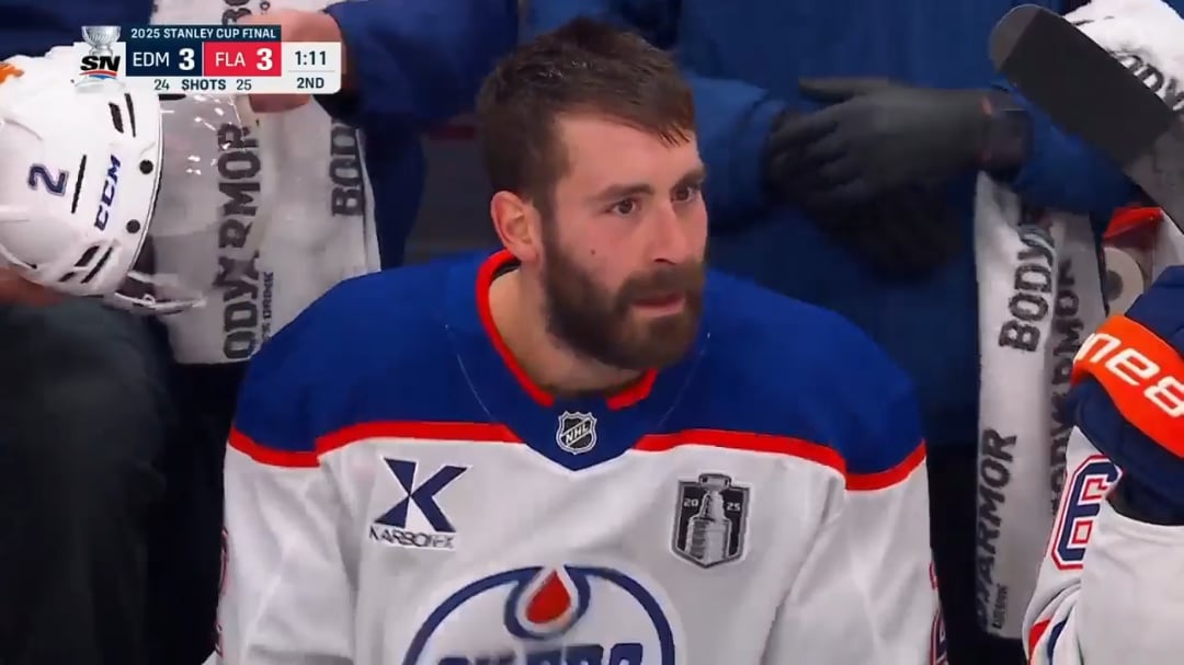 [EDM vs FLA] Bouchard is shaken up after this hit from Verhaeghe. There was no penalty on the play