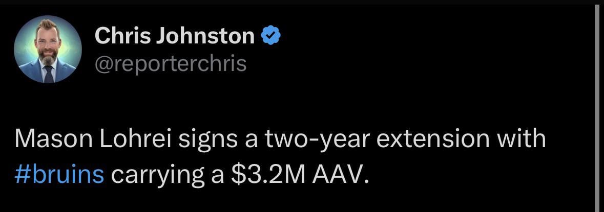 Mason Lohrei signs a two-year extension with Bruins carrying a $3.2M AAV.