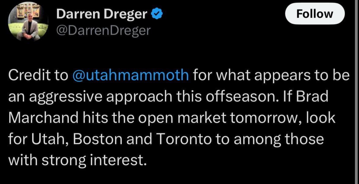 Credit to Utah Mammoth for what appears to be an aggressive approach this offseason. If Brad Marchand hits the open market tomorrow, look for Utah, Boston and Toronto to among those with strong interest.