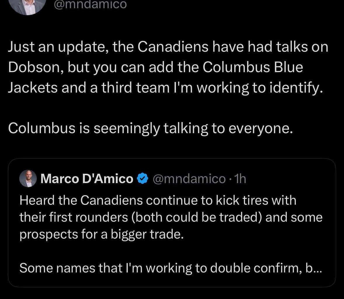 [D’Amico]: Canadiens have had talks on Dobson, but you can add the Columbus Blue Jackets and a third team I'm working to identify.