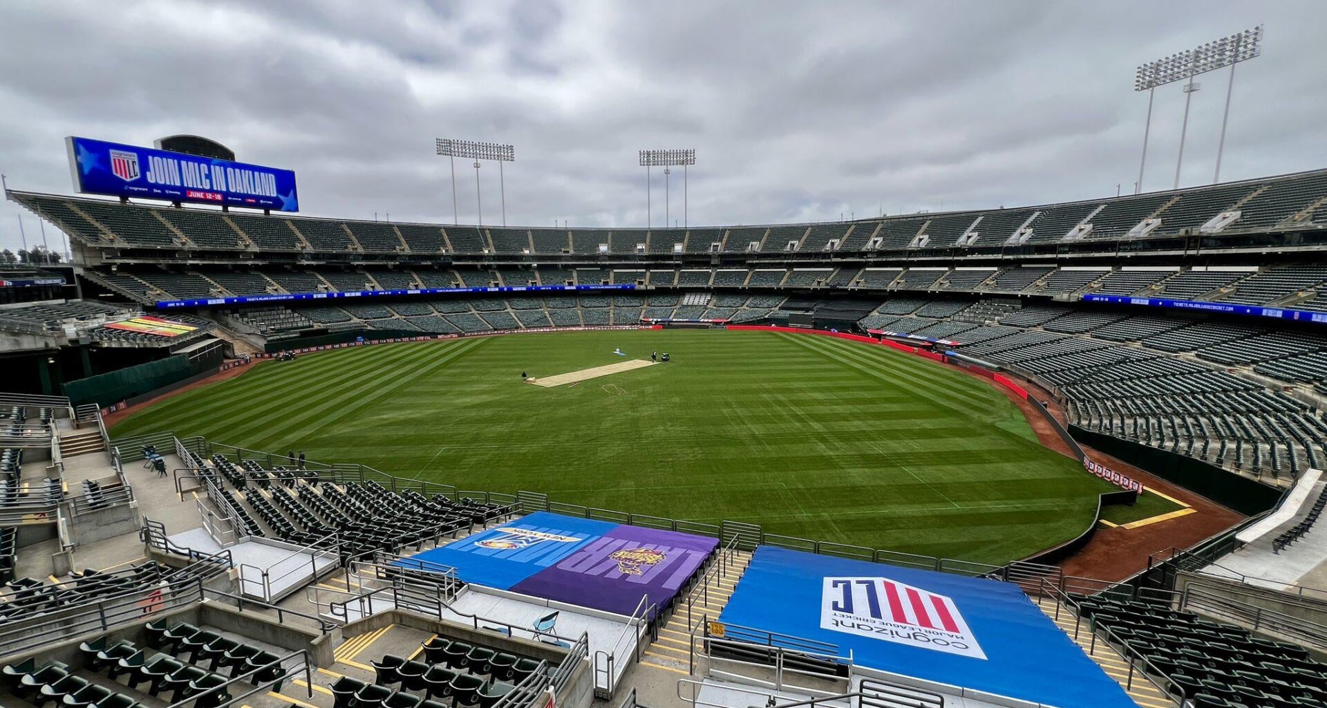 Cricket pitch installed at the Oakland Coliseum