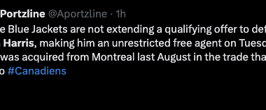 CBJ will not be extending a qualifying offer to Jordan Harris, making him an unrestricted free agent tomorrow