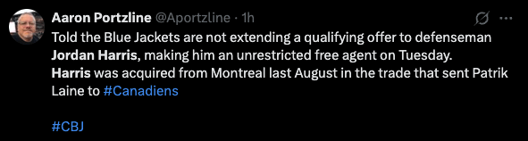 CBJ will not be extending a qualifying offer to Jordan Harris, making him an unrestricted free agent tomorrow