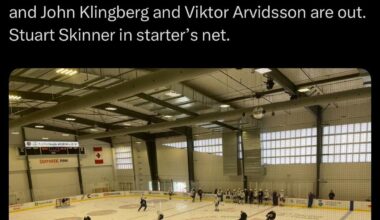 [Derek Van Diest] Looks like Troy Stecher and Jeff Skinner are in and John Klingberg and Viktor Arvidsson are out. Stuart Skinner in starter’s net.
