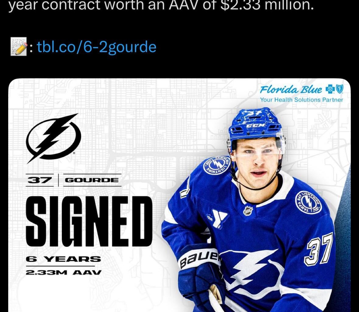 Yanni Gourde signs 6x2.33M extension in Tampa Bay