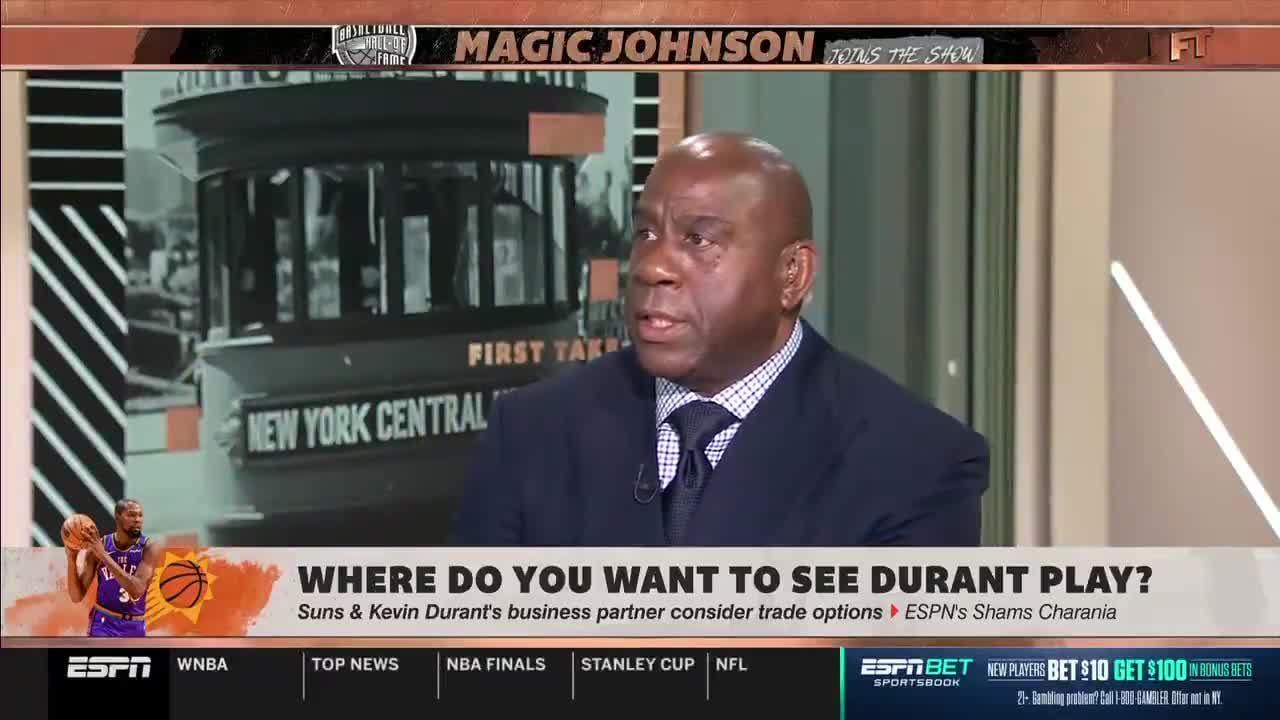 Magic Johnson gives his definition of what a Superstar is: "A person who can go on the road and sell the building out."