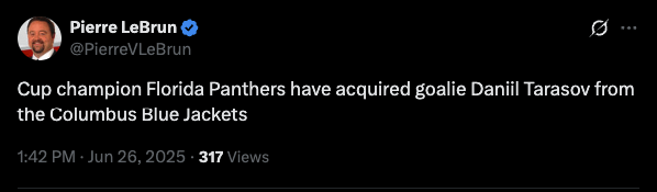 CBJ trade Daniil Tarasov to the Florida Panthers