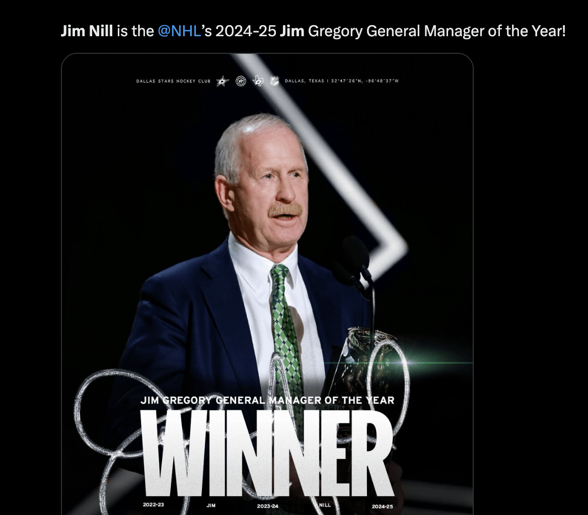 Jim Nill wins 2024-25 Jim Gregory GM of the year award