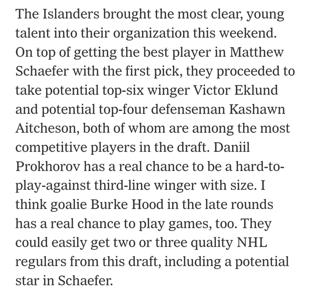 Islanders Get an A+ for their draft according to The Athletic