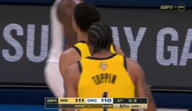 [Highlight] Tyrese Haliburton puts the Pacers up 1 in the first game of the finals with 0.3 left vs the Thunder!