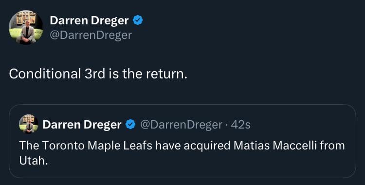 [Dreger] The Toronto Maple Leafs have acquired Matias Maccelli from Utah  for a conditional 3rd