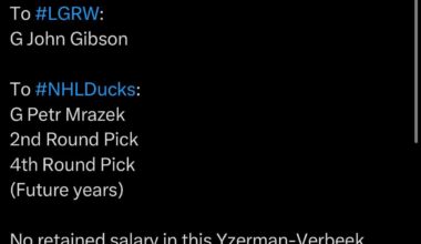 [Seravalli] Trade Details - To Detroit: John Gibson; To Anaheim: Petr Mrazek, 2nd round pick, 4th round pick (future years). No retained salary in transaction.