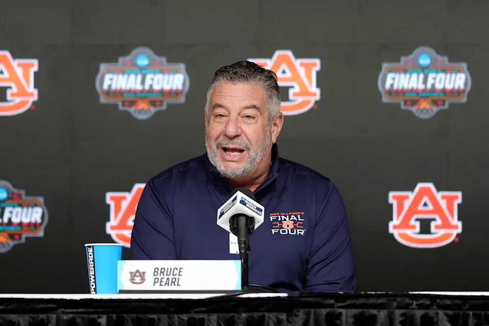 SAN ANTONIO, TEXAS - APRIL 04: Head Coach Bruce Pearl of the Auburn Tigers speaks to the media ahead of the Final Four in the NCAA Men's Basketball Tournament at Alamodome on April 04, 2025 in San Antonio, Texas. (Photo by Alex Slitz/Getty Images)Alex Slitz&sol;Getty Images