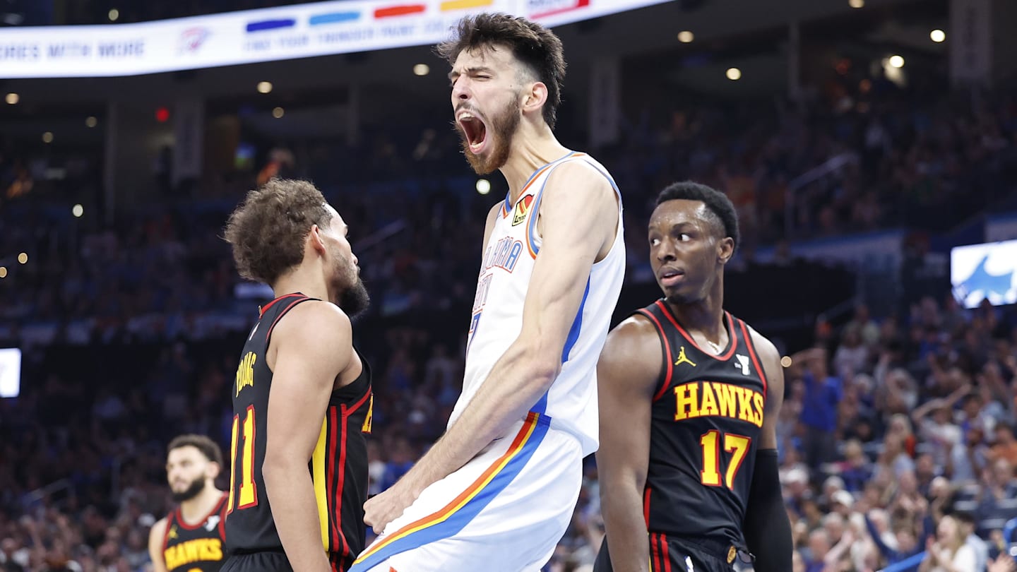 Oct 27, 2024; Oklahoma City, Oklahoma, USA; Oklahoma City Thunder forward Chet Holmgren (7) celebrates after dunking against the Atlanta Hawks during the second half at Paycom Center. Mandatory Credit: Alonzo Adams-Imagn Images