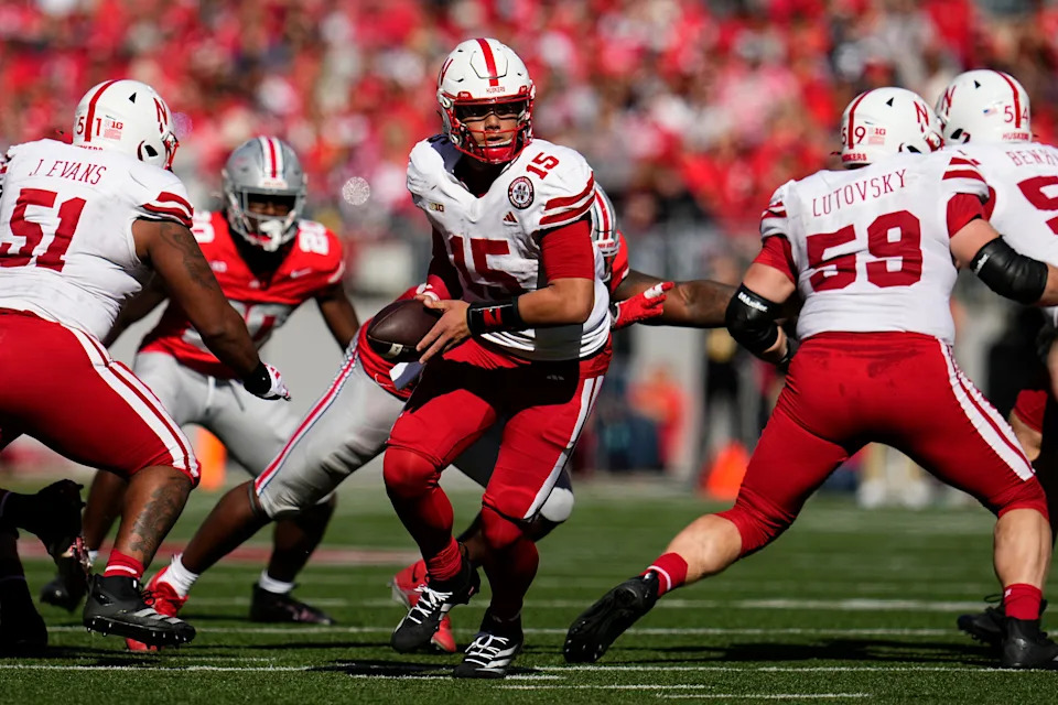 Nebraska Cornhuskers quarterback Dylan Raiola (15) looks to hand off during the second half of the NCAA football game against the Nebraska Cornhuskers at Ohio Stadium in Columbus on Saturday, Oct. 26, 2024. Ohio State won 21-17.