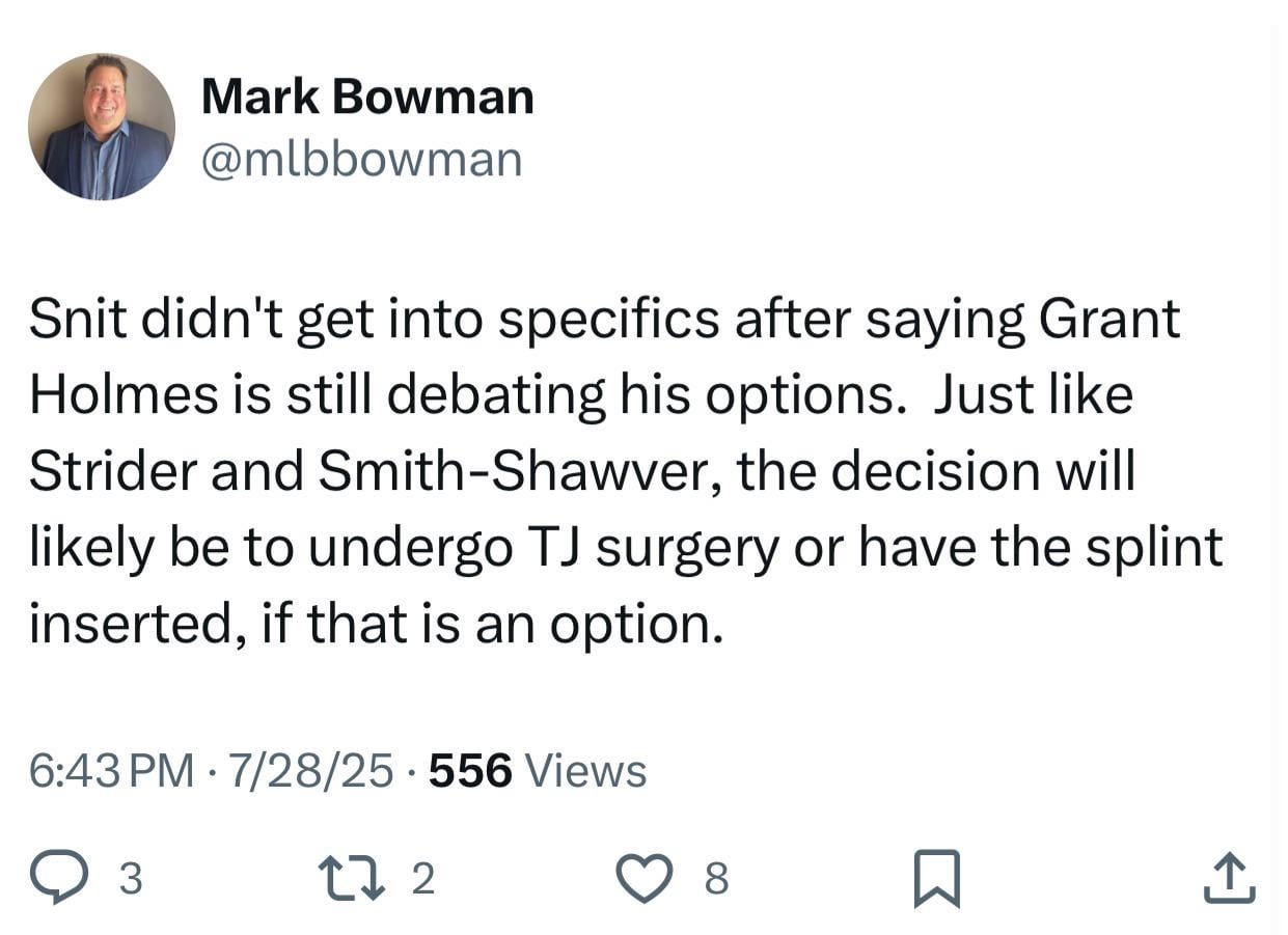 [Bowman] Snit didn't get into specifics after saying Grant Holmes is still debating his options.  Just like Strider and Smith-Shawver, the decision will likely be to undergo TJ surgery or have the splint inserted, if that is an option.