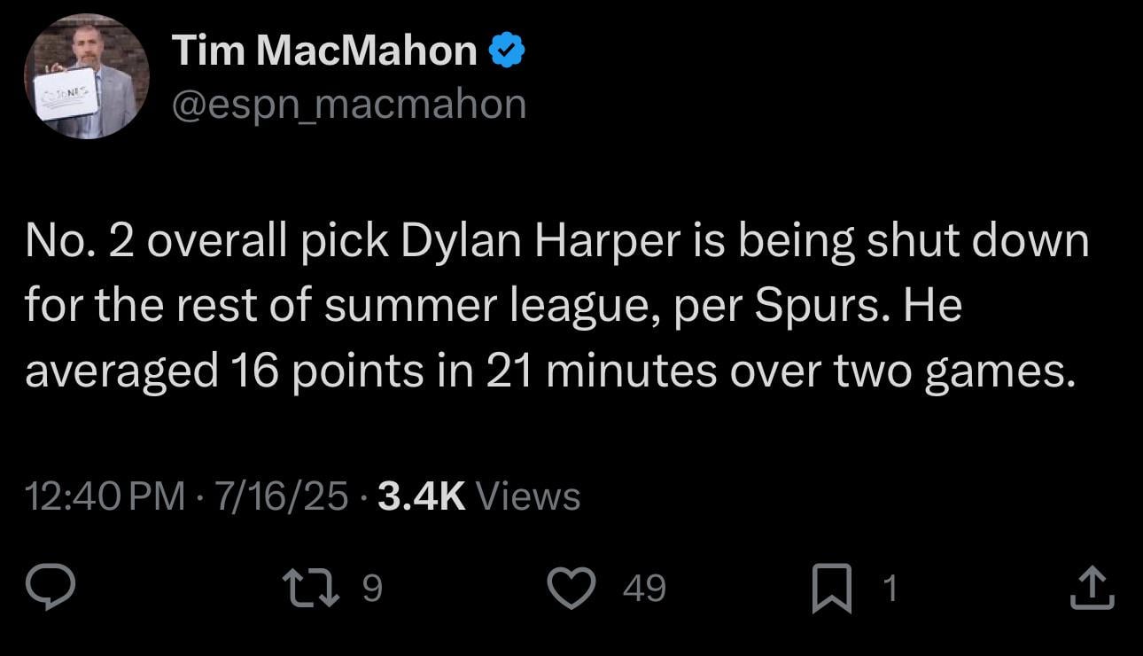 [MacMahon] No. 2 overall pick Dylan Harper is being shut down for the rest of summer league, per Spurs. He averaged 16 points in 21 minutes over two games.
