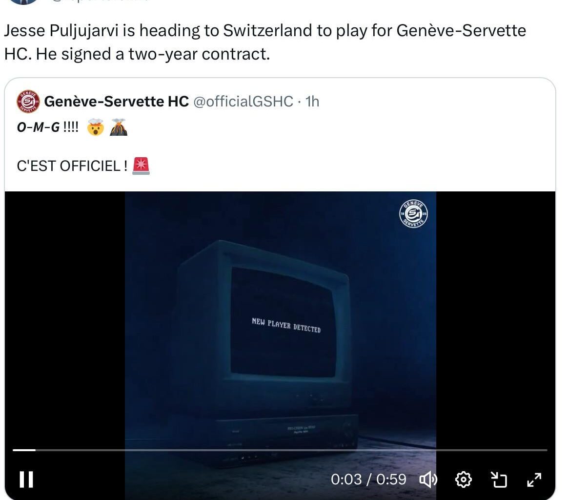[Johnston] Jesse Puljujärvi is heading to Switzerland to play for Genève-Servette HC. He signed a two-year contract.
