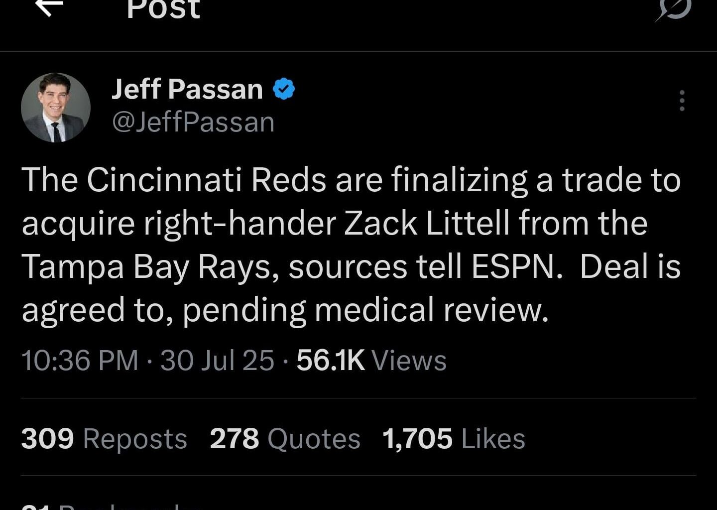 Per Jeff Passan - "The Cincinnati Reds are finalizing a trade to acquire right-hander Zack Littell from the Tampa Bay Rays"