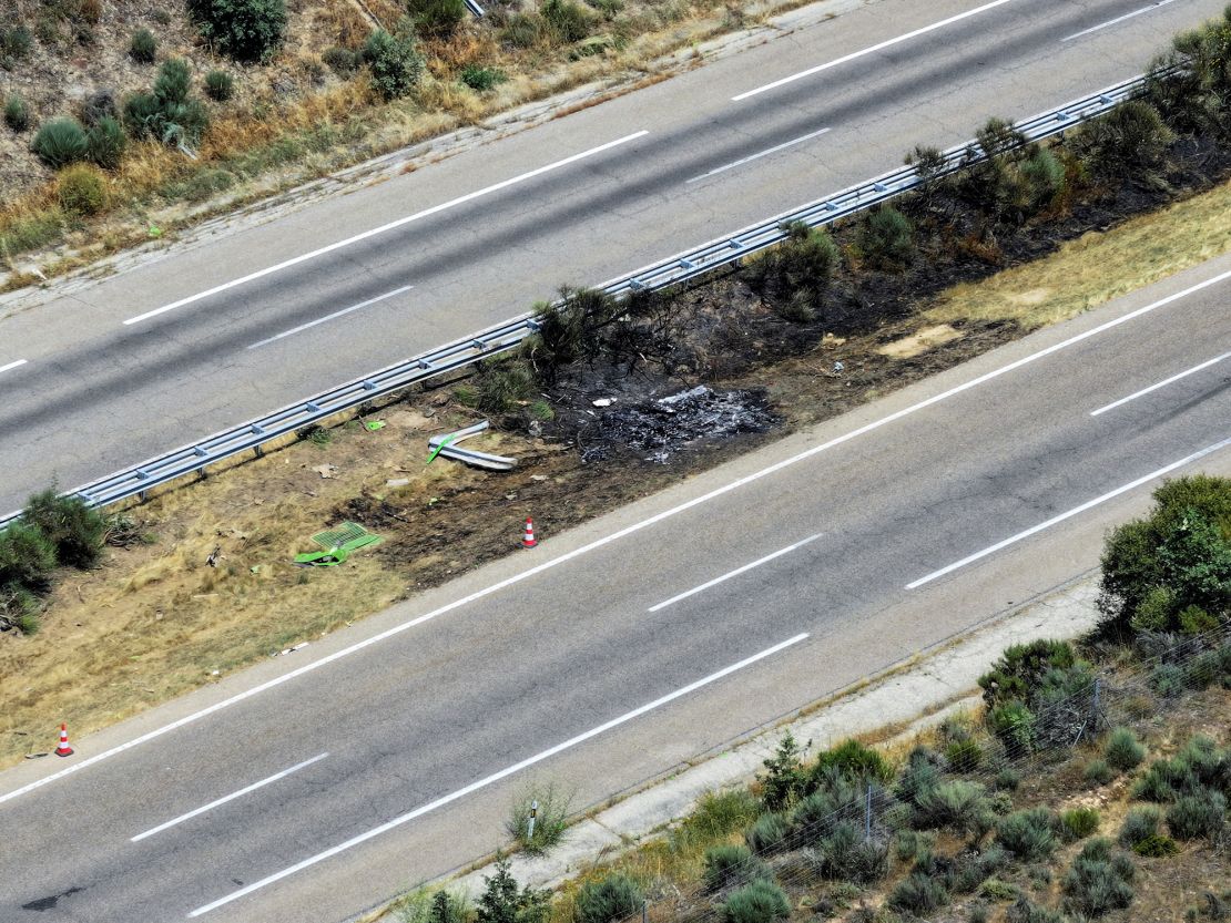 A drone view shows the site of the car accident which claimed the lives of Diogo Jota and his brother, André Silva.