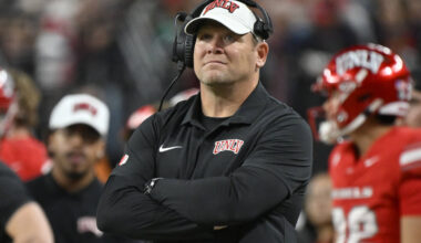 UNLV head coach Barry Odom looks on from the sideline during the second half of an NCAA college ...
