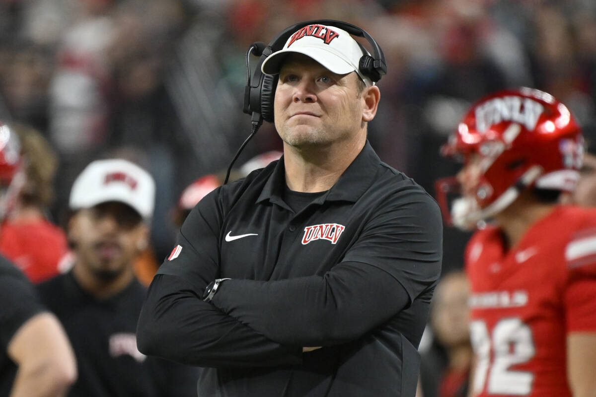 UNLV head coach Barry Odom looks on from the sideline during the second half of an NCAA college ...