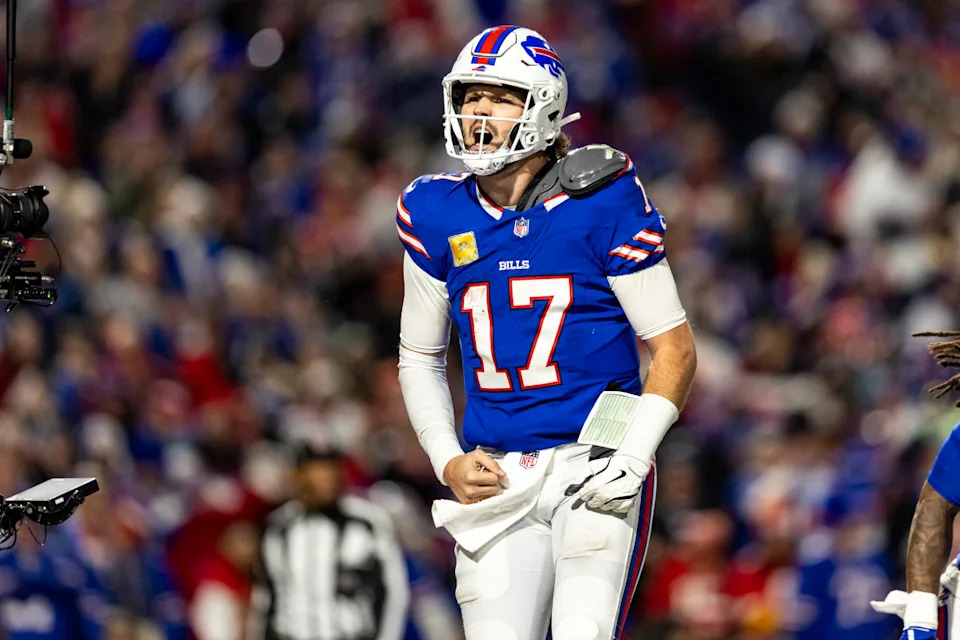 ORCHARD PARK, NEW YORK - NOVEMBER 17: Josh Allen #17 of the Buffalo Bills celebrates after scoring a touchdown in the fourth quarter of the game against the Kansas City Chiefs at Highmark Stadium on November 17, 2024 in Orchard Park, New York. The Bills beat the Chiefs 30-21. (Photo by Lauren Leigh Bacho/Getty Images)Lauren Leigh Bacho&sol;Getty Images